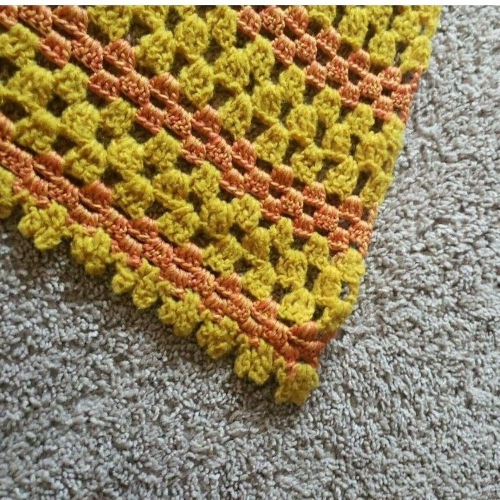 Vintage Handmade Crochet Granny Square Blanket Mustard Yellow Orange Retro 70s